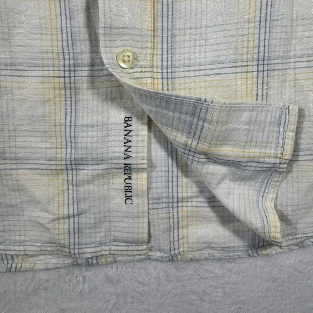 Banana Republic Button Down‎ Shirt Mens L White Yellow Plaid Linen Cotton Blend